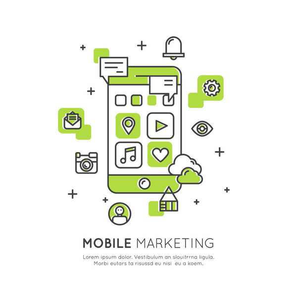 Illustration of Internet Mobile Marketing and Promotion Process Sending Letters to Users, Shopping, E-commerce