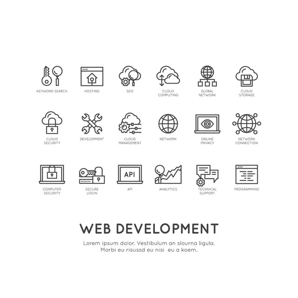 Illustration av webbutveckling, programmering, nätverk, säkerhet, Online tjänstprogrammet — Stock vektor