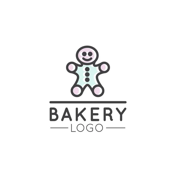 Diseño de Logo para Productos Frescos de Panadería, Pan o Tienda de Abarrotes. Dulce magdalena con crema y baya, estilo de dibujos animados, hombre jengibre símbolo de la galleta — Vector de stock
