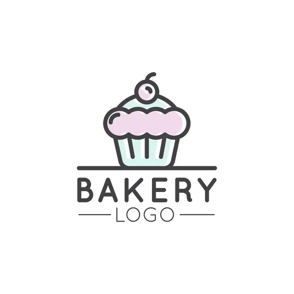 Design de Logo para Produtos de Padaria Fresca, Pão ou Mercearia. Cupcake doce com creme e cereja — Vetor de Stock