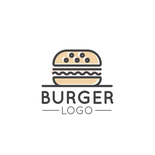 Logotipo del contorno de la historieta de la tienda de comida rápida, lugar urbano, burrito, hamburguesa, sándwich o barra de perro caliente, casa de la parrilla — Vector de stock