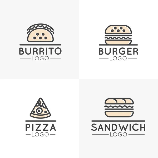 Artículos de comida rápida de dibujos animados simples, hot dog, envoltura, pizza, burrito y sándwich, hamburguesa — Vector de stock