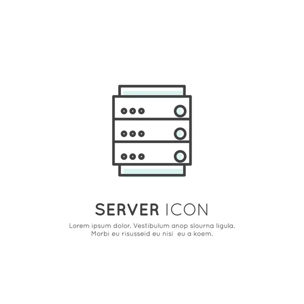 Έννοια της φιλοξενίας δεδομένων, συγχρονισμού περιεχομένου, χώρο αποθήκευσης στο Cloud, Server, σκληρό δίσκο, διαδικασία σύνδεσης — Διανυσματικό Αρχείο