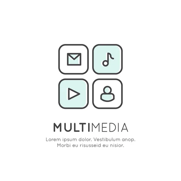 Concept d'application multimédia, Messager, Lecteur vidéo et de musique, Widget de réseau social — Image vectorielle