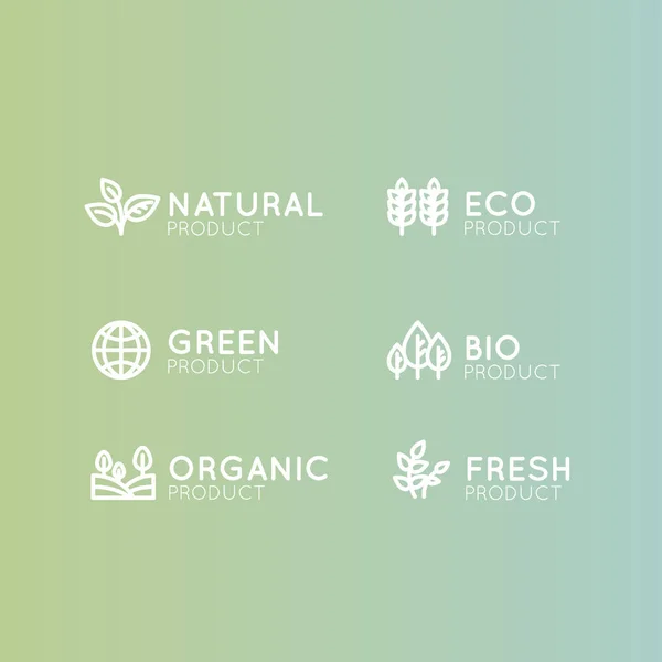 배지 설정 신선한 유기농, 친환경 제품, 바이오 성분 라벨 배지 잎, 지구, 그린 개념 그라데이션 컬러 — 스톡 벡터