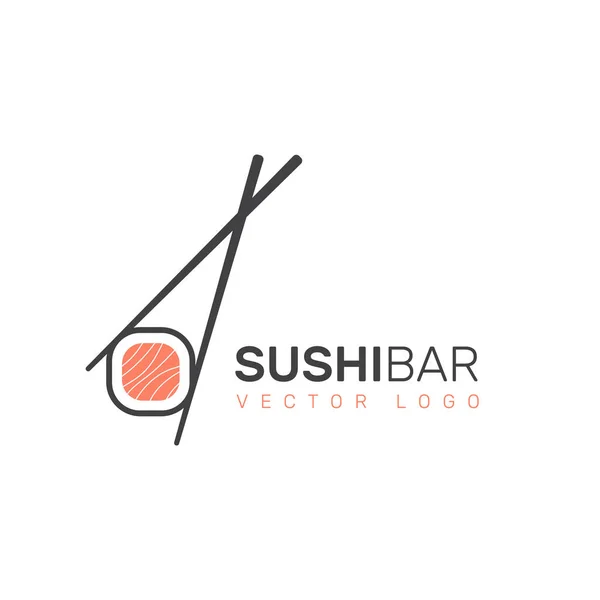 Logo der asiatischen Street-Food-Bar oder -Shop, Sushi, Maki, Onigiri Lachsrolle mit Essstäbchen — Stockvektor