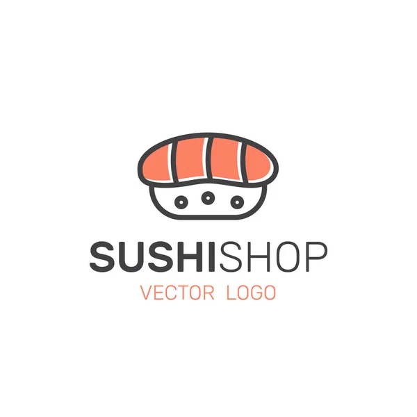 Logotipo de rua asiática Fast Food Bar ou Shop, Sushi, Maki, Onigiri Salmon Roll com pauzinhos —  Vetores de Stock