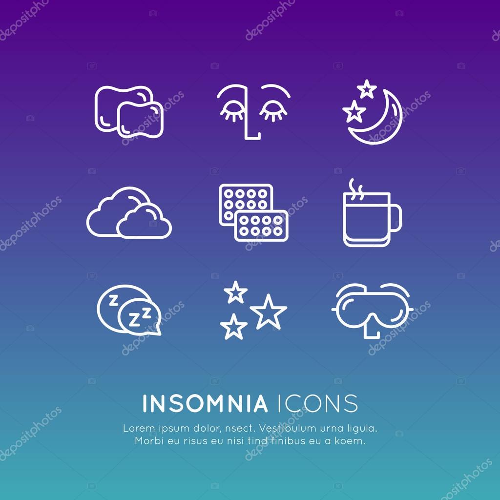 Isolated Vector Style Illustration Logo Set Badge with Sleep problems and insomnia icons, treatment and pills, sleeping person with mask, hot drink, sleepy face