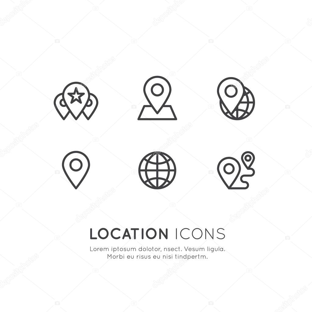 Vector Icon Style Illustration Logo Set of Geo Location Tag, Proximity Marketing, Global Network Connection, Location Identification, Isolated Minimalistic Object