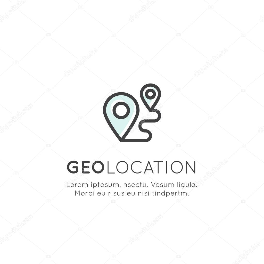 Vector Icon Style Illustration Logo Set of Geo Location Tag, Proximity Marketing, Global Network Connection, Location Identification, Isolated Minimalistic Object