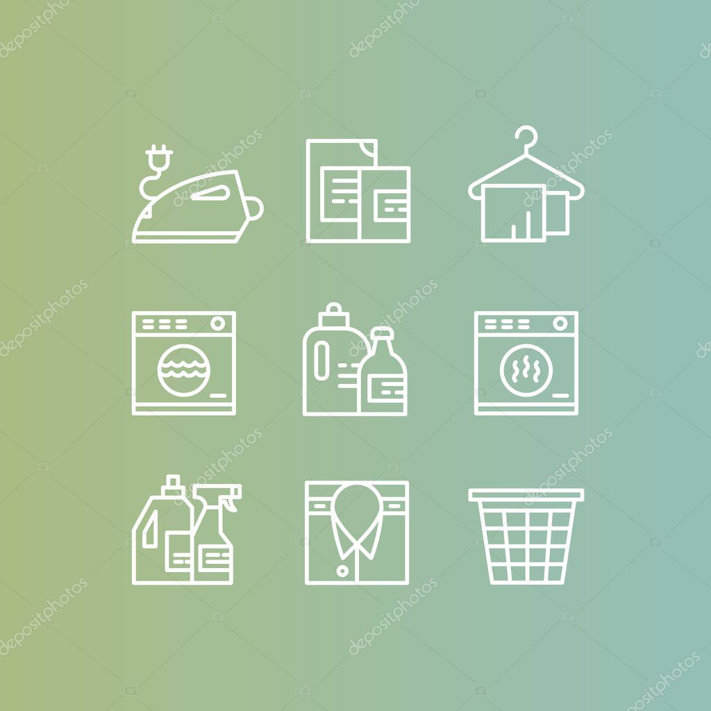 Vector Icon Style Illustration Logo Set Collection of Laundry Service, Washing and Cleaning Up Clothes, Dry Cleaning, Drying, Ironing and Household Care, Isolated Web Collection