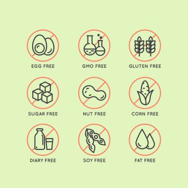 Etiket simgeler uyarı rozeti madde. Alerjenler Gluten, laktoz, soya, Mısır, günlüğü, süt, şeker, Trans yağ