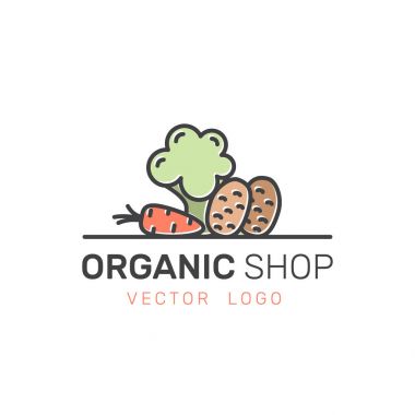 Organik Vegan sağlıklı dükkan ya da mağaza. Yeşil doğal sebze ve meyve sembolleri