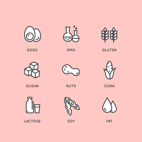 Badge ingrediënt Label Icons waarschuwing. Allergenen Gluten, Lactose, soja, maïs, dagboek, melk, suiker, transvet — Stockvector
