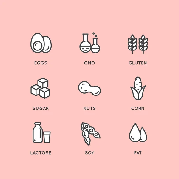 Etiket simgeler uyarı rozeti madde. Alerjenler Gluten, laktoz, soya, Mısır, günlüğü, süt, şeker, Trans yağ
