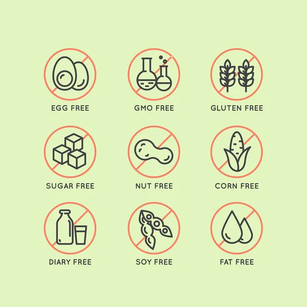 Iconos de etiqueta de advertencia de ingrediente de insignia. Alérgenos Gluten, Lactosa, Soja, Maíz, Diario, Leche, Azúcar, Grasa Trans — Archivo Imágenes Vectoriales