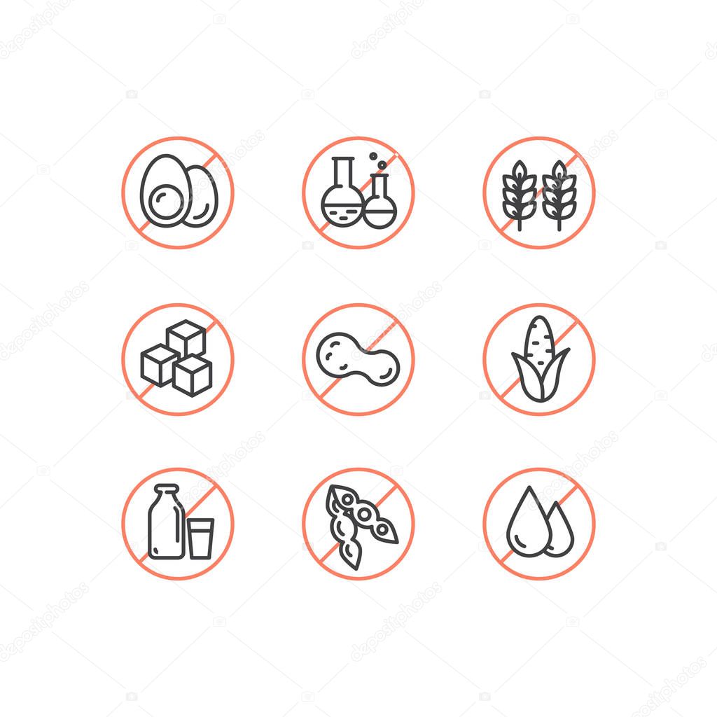 Badge Ingredient Warning Label Icons. Allergens Gluten, Lactose, Soy, Corn, Diary, Milk, Sugar, Trans Fat