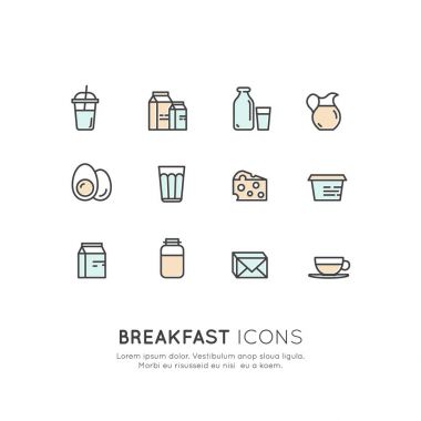 Sabah kahvaltı sıcak içecek, yumurta, peynir, günlüğü ve süt ürünleri. Çiftlik ve organik sembolleri