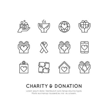 Grafik öğeleri için kar amacı gütmeyen kuruluşlar ve bağış Merkezi. Bağış toplama simgeler, Crowdfunding proje etiket, hayırseverlik Logo, işbirliği, gönüllü, destek