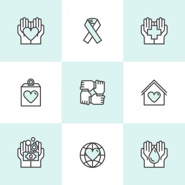 Grafik öğeleri için kar amacı gütmeyen kuruluşlar ve bağış Merkezi. Bağış toplama simgeler, Crowdfunding proje etiket, hayırseverlik Logo, işbirliği, gönüllü, destek