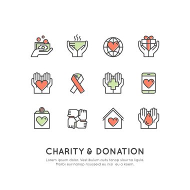 Grafik öğeleri için kar amacı gütmeyen kuruluşlar ve bağış Merkezi. Bağış toplama simgeler, Crowdfunding proje etiket, hayırseverlik Logo, işbirliği, gönüllü, destek