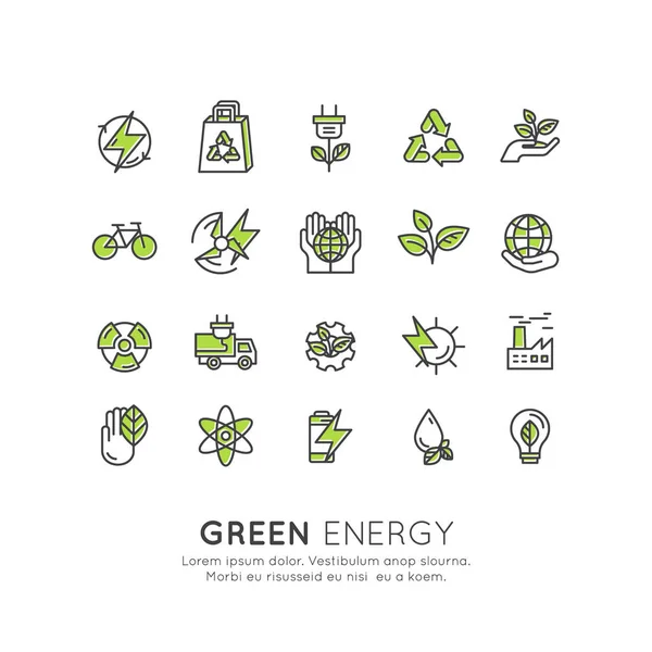 Környezetvédelem, megújuló energia, fenntartható technológiák, újrahasznosítás, ökológia megoldások. Ikonok, honlap, mobil app design, elektromos autó — Stock Vector