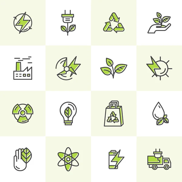 Miljö, förnybara energikällor, hållbar teknik, återvinning, ekologi lösningar. Ikoner för webbplats, mobila appdesign, elbil — Stock vektor