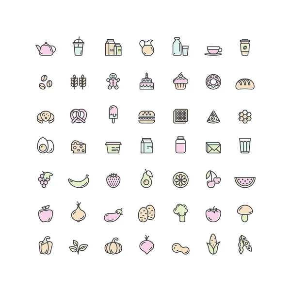 设置的水果、 蔬菜、 快餐食品和饮料、 面包、 日记和牛奶产品的徽章。农场和有机的符号 — 图库矢量图片
