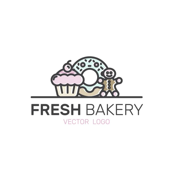 Panadería Sweet Shop Producción, Pasteles personalizados, Fábrica de pan, Pretzel y trigo, Donut, Galletas, Cupcake, Gingerman — Vector de stock