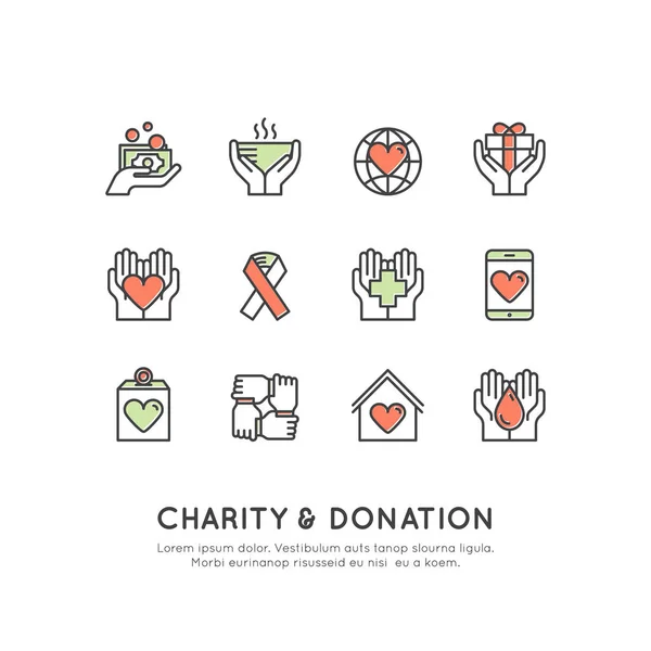 Graphic Elements for Nonprofit Organizations and Donation Centre. Fundraising Symbols, Crowdfunding Project Label, Charity Logo, Cooperation, Volunteer, Support — Stock Vector