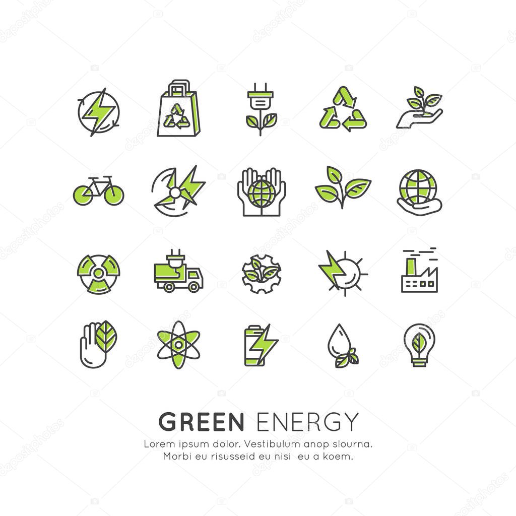 environment, renewable energy, sustainable technology, recycling, ecology solutions. Icons for website, mobile app design, electric car