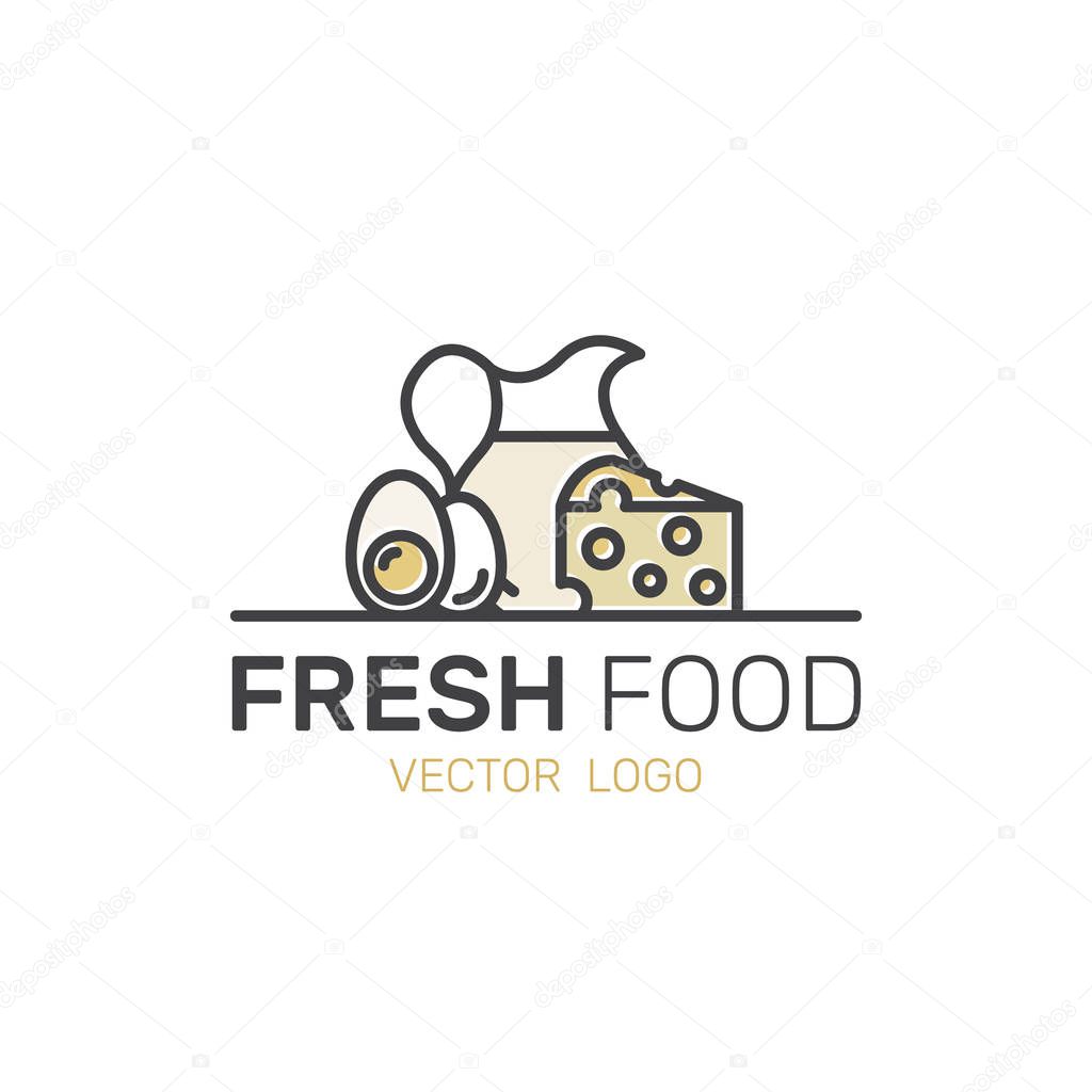 Isolated Vector Style Watercolor Illustration Logo Set Badge of Fresh Eggs, Cheese, Diary and Milk Products. Farm and Organic symbols.