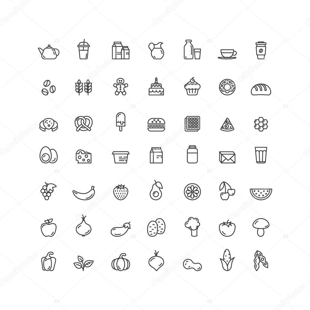 Isolated Vector Style Watercolor Illustration Logo Set Badge of Fruits, Vegetables, Fast Food and Drink, Bread, Diary and Milk Products. Farm and Organic symbols. Food Intolerance