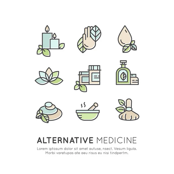 Medicina alternativa. Terapia IV Vitamínica, Antienvejecimiento, Bienestar, Ayurveda, Medicina China — Vector de stock