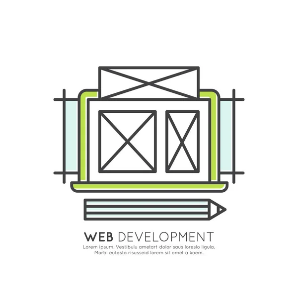Webbsida utvecklingsprocess. Gränssnitt, layout, prestandaoptimering — Stock vektor
