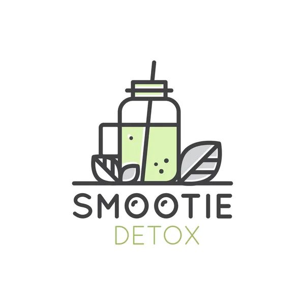 Logo için Vegan veya vejetaryen Smoothie meyve içki Detoks Bar Cafe ile taze doğal ürün, diyet rozet yapraklar — Stok Vektör