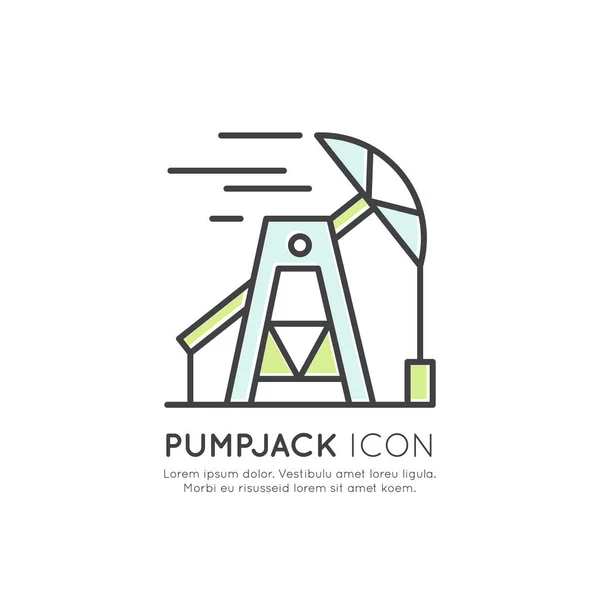 Oil Derrick, Pumpjack Station, Industry, Mining Process — Stock Vector