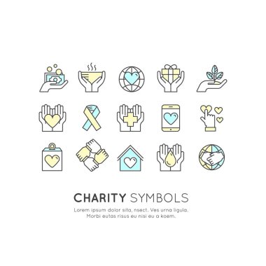 Grafik öğeleri için kar amacı gütmeyen kuruluşlar ve bağış Merkezi. Bağış toplama simgeler, Crowdfunding proje etiket, hayırseverlik Logo, işbirliği, gönüllü, destek