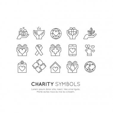 Kar amacı gütmeyen kuruluşlar ve bağış merkezi için öğe. Bağış toplama simgeler. Crowdfunding proje etiket.