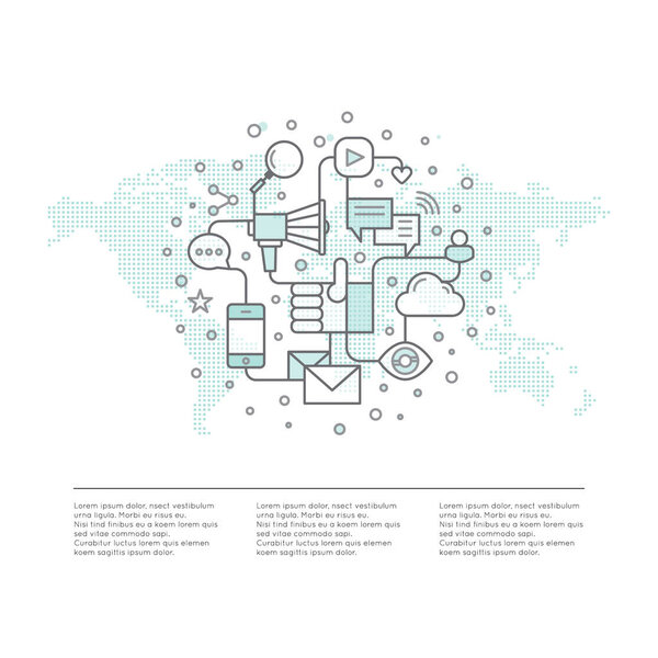 Электронная почта или мобильные уведомления и предложение маркетинговой и социальной кампании. Концепция процесса продвижения по всему миру с Dot World Map
