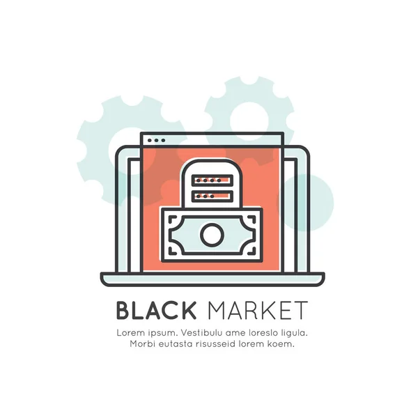 Mercado negro, fraude e pirataria na Internet, conteúdo e dados ilegais explicados — Vetor de Stock