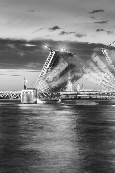 Beyaz geceler, siyah-beyaz görüntü yükseltilmiş Palace bridge — Stok fotoğraf