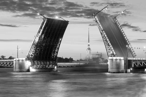 The raised Palace bridge at white nights , black-and-white image — Stock Photo, Image