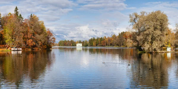 Панорама красивого осеннего парка с прудом в ясный день — стоковое фото