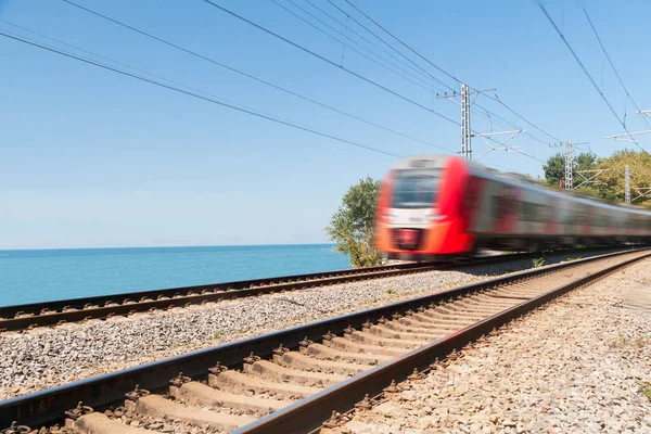 Személyvonat Megy Végig Tengerparton Nyáron — Stock Fotó