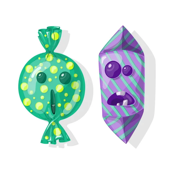 Şeker tatlı duygu. Parlak ambalajı. Beyaz izole. Tasarımınız için şeker şablonu. Vektör çizim. yüzler gibi davranarak şeker.