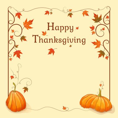 Mutlu şükran günleri. Tasarım şablonu. Meşe ve kabaklar renkli sonbahar yaprakları ile çerçeve. Vektör çizim.