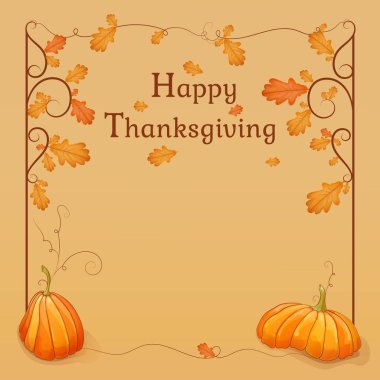 Mutlu şükran günleri. Tasarım şablonu. Meşe ve kabaklar renkli sonbahar yaprakları ile çerçeve. Vektör çizim.