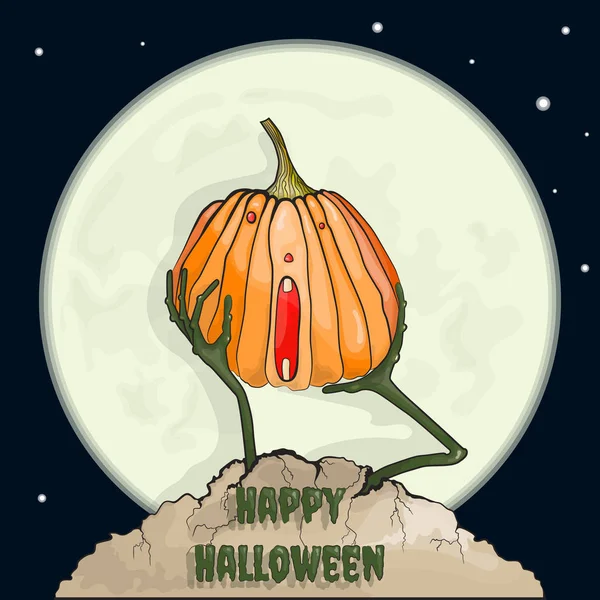 Cadılar Bayramı. Kabak kırmızı gözleri ile. Zombiler, ay arka plan eller. Cadılar Bayramınız Kutlu Olsun. Vektör çizim