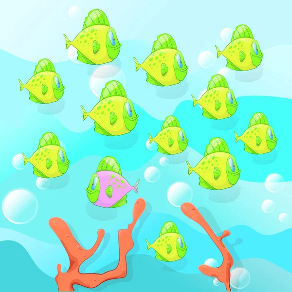Tüm, eğitim oyun çocuklar, eğitim testi, vektör çizim, çocuk görev için farklı bir balık bulmak. Yüzer hava kabarcıkları ile mavi bir arka plan üzerinde renkli balık